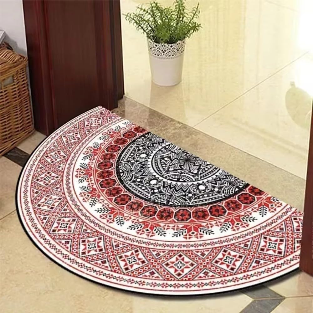 Halbrunde Fußmatte Halbrunder Mandala-Teppich for den Eingangsbereich, Bohemian-Stil, rutschfest, leicht zu reinigen, Bodenmatte, dekorative Heimteppiche(Color4,60X90CM(2X5.3FT)