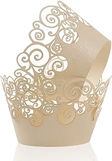 Cupcake Wrappers, KPOSIYA 100 Pack Cupcake Wraps Filigree Artistic Bake Cake Paper Cup Little Vine Laser Cut Liner Baking Cups Muffin Case Trays for Wedding Party Birthday Decoration (100, Beige)