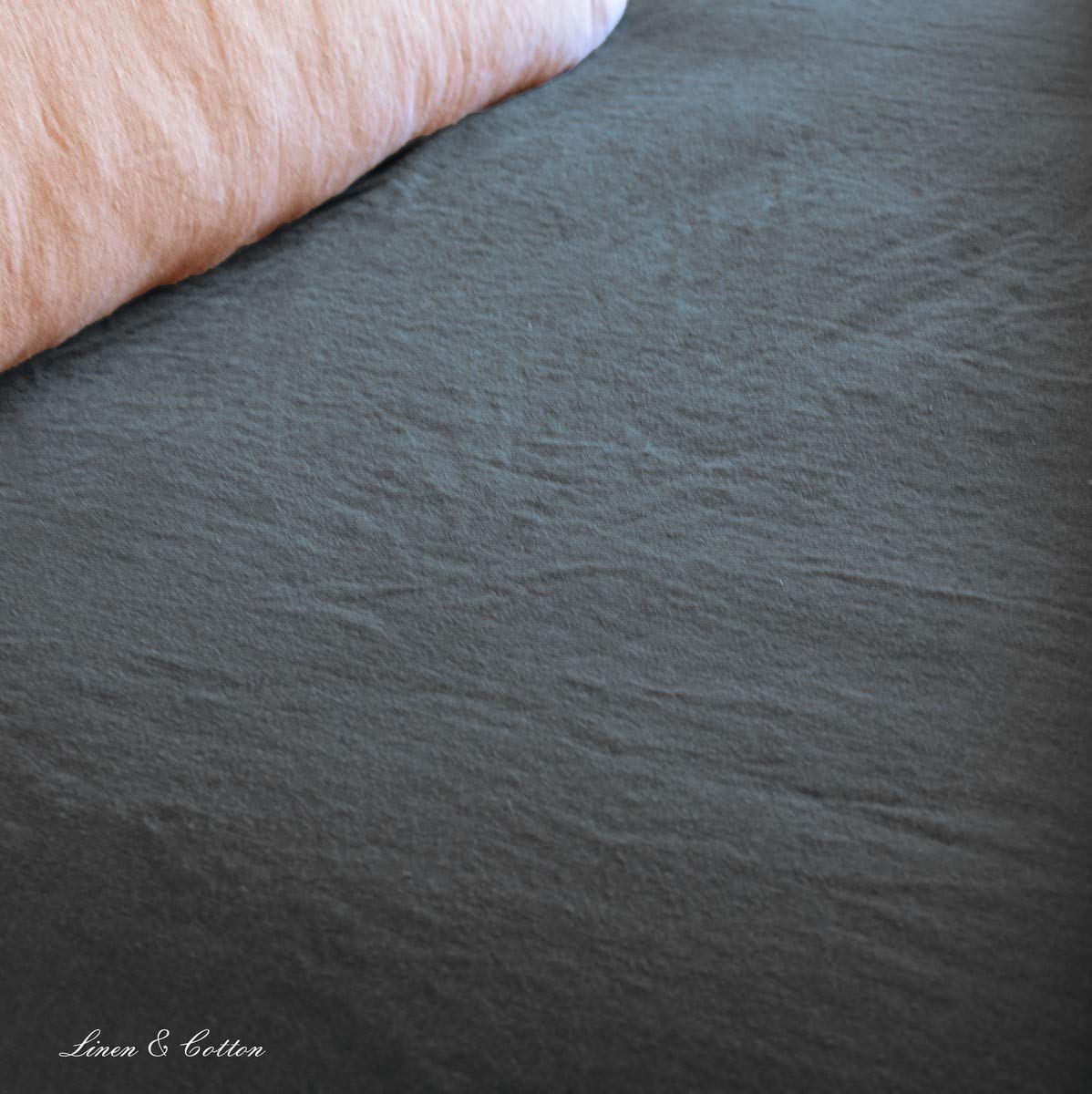 Linen & Cotton Alicia miękkie w dotyku prześcieradło z gumką – 100% len, sprane, węgiel drzewny, szare (150 x 200 cm) prześcieradło lniane, na łóżko, podwójne łóżko