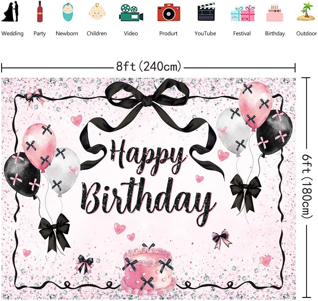 Black Pink Birthday Backdrop Black and Pink Bow Happy Birthday Photography Background Girls Women Party Decorations Banner Photo Props (8x6FT(94 x 70 inch))