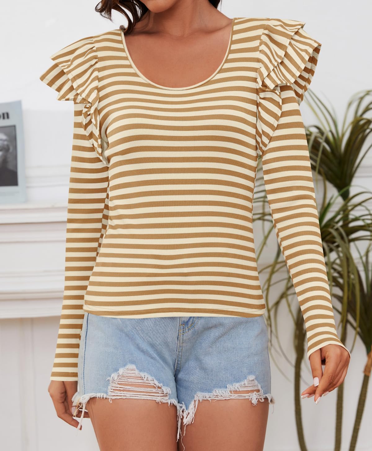 ZESICA Womens Ruffle Long Sleeve Scoop Neck Shirt Striped Slim Fitted Casual Basic Tee Tops Trendy Spring Clothes - Image 2