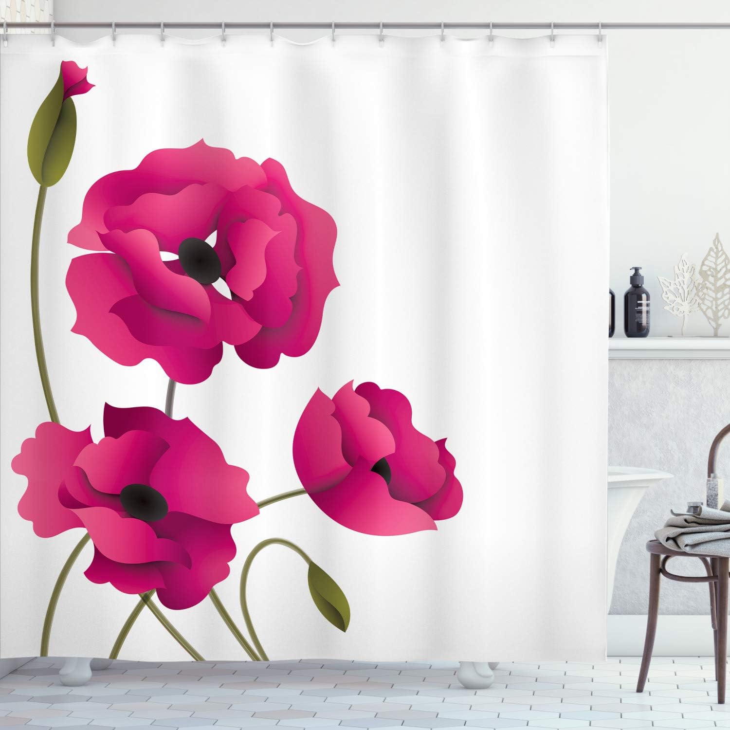 Ambesonne Floral Shower Curtain, Poppy Flowers Vivid Petals Buds Pastoral Purity Mother Earth Nature Design, Cloth Fabric Bathroom Decor Set with Hooks, 69" W x 70" L, Hot Pink