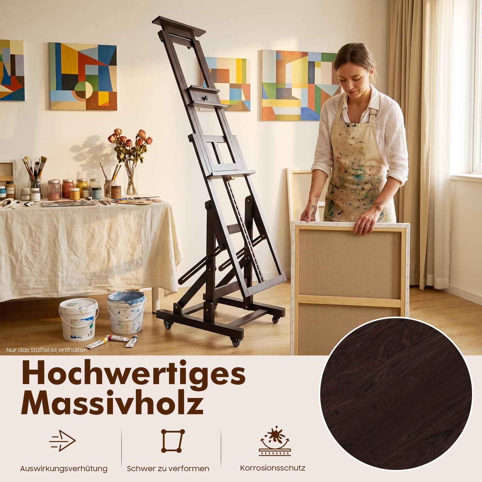 Professionelle Holz Staffelei Groß (140-300 cm Höhenverstellung) mit 4 Lenkrollen, Stabile H-Ständer Design für bis 10kg - Universal Staffelei Holz für Künstler, Kinder, Atelier (Schwarznussfarbe)