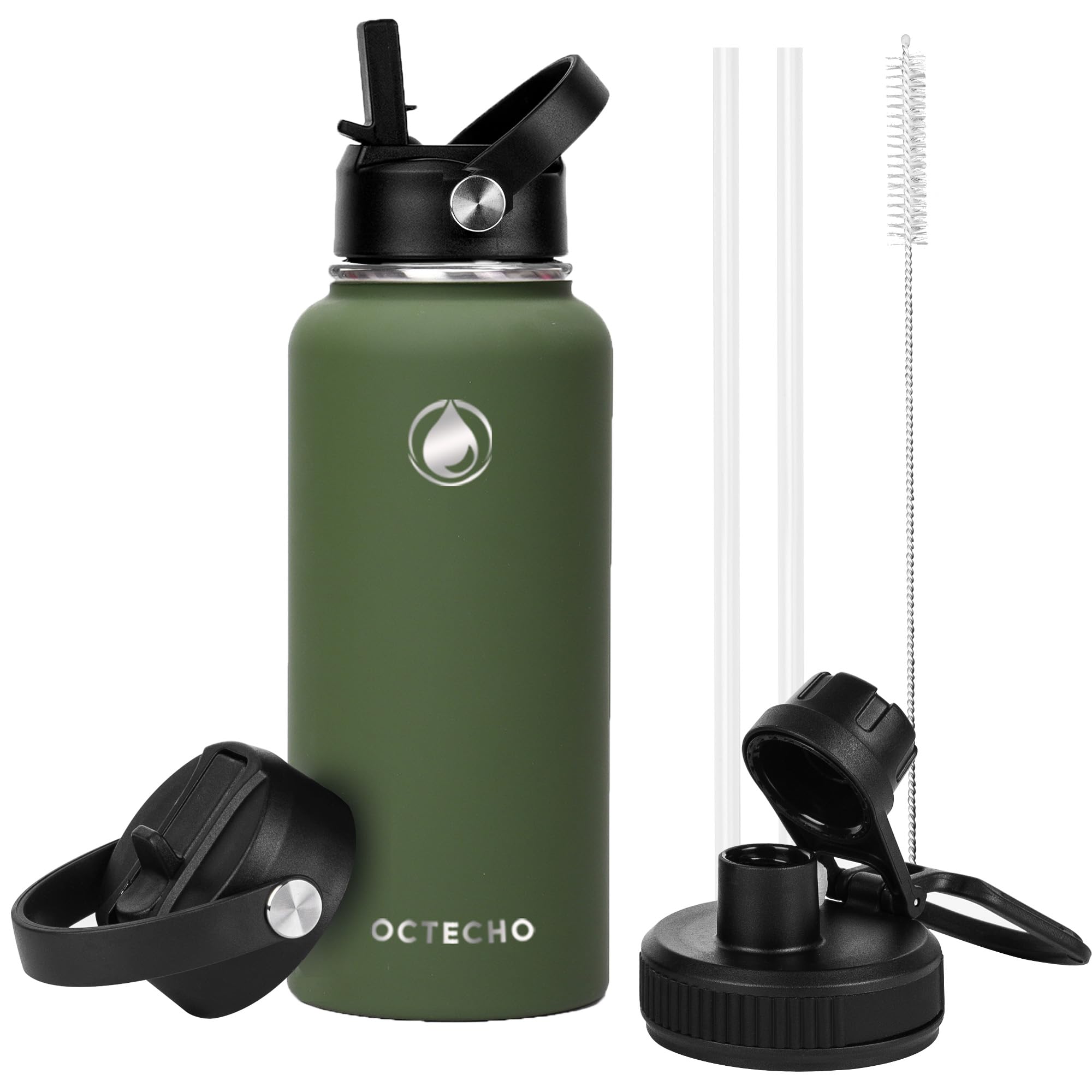 OcTecho Metal Water Bottle with Straw, 1L Stainless Steel Water Bottle 2 Leakproof Lid, BPA Free Double Walled Vacuum Insulated Water Bottle Thermal for 12h Hot & 24h Cold,for Man,Woman-Olive Green