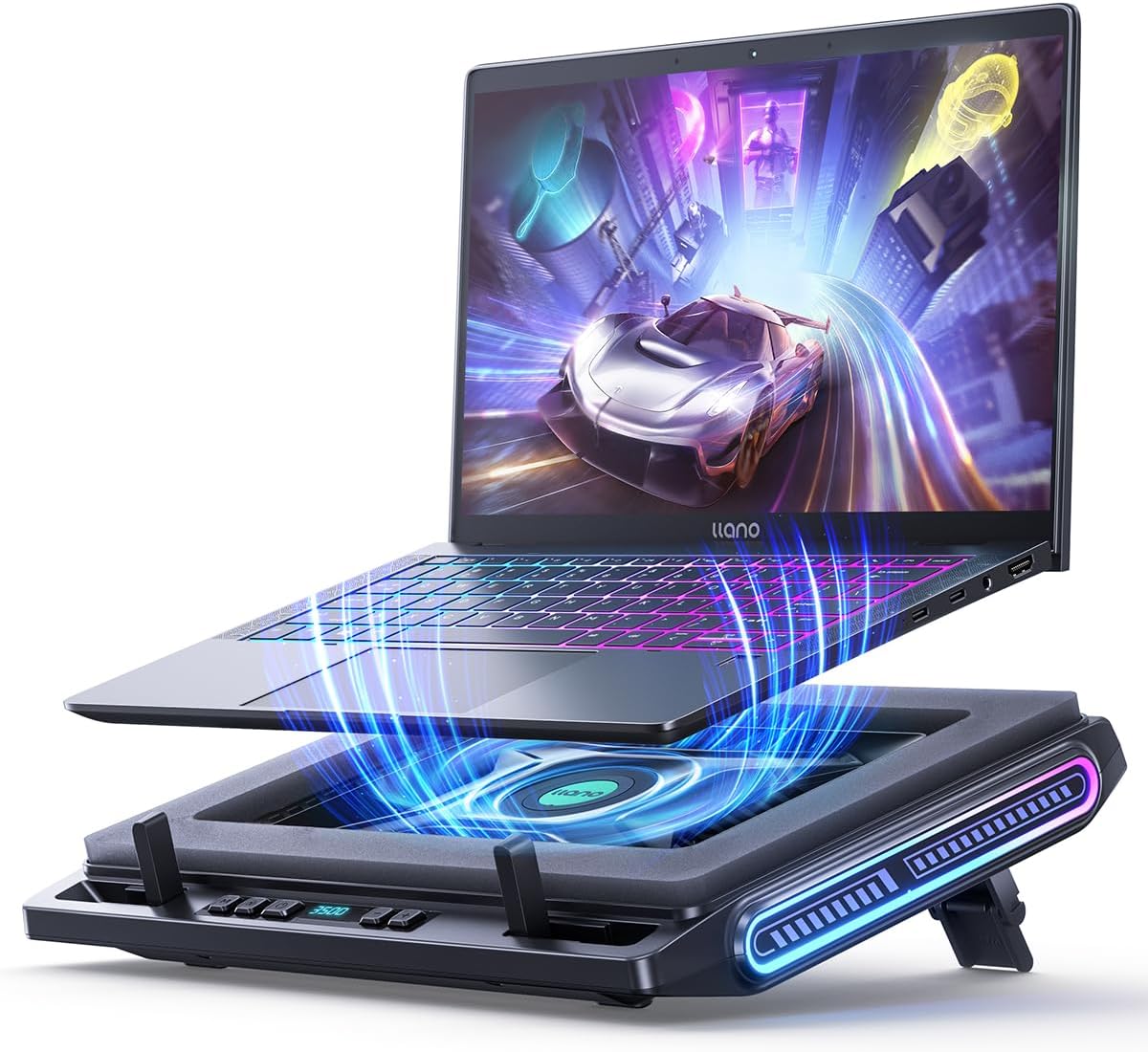 - V10 Gaming Laptop Cooling Pad, RGB Laptop Cooler Stand with Powerful 4.72 Inch External Turbo Cooling Fan, Fast Cooling Computer 13-17.3in, Button Control, 3 Adjustable Stand, 4-Port USB C&A