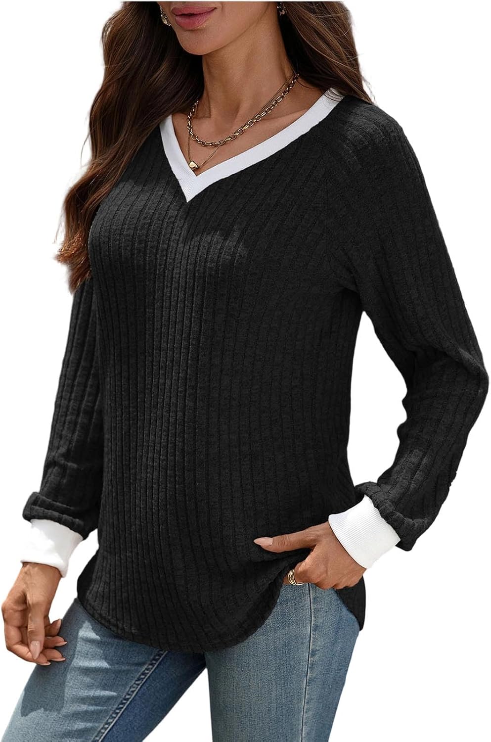 Womens V Neck Knit Sweaters Color Block Long Sleeve Pullover Tops Cozy Lightweight Sweater Spring Fall Outfits