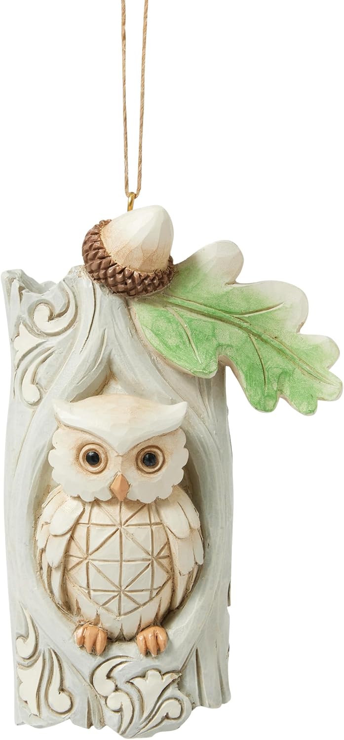 Enesco Jim Shore Heartwood Creek White Woodland Owl in a Tree Trunk Hanging Ornament, 4.13 Inch, Multicolor