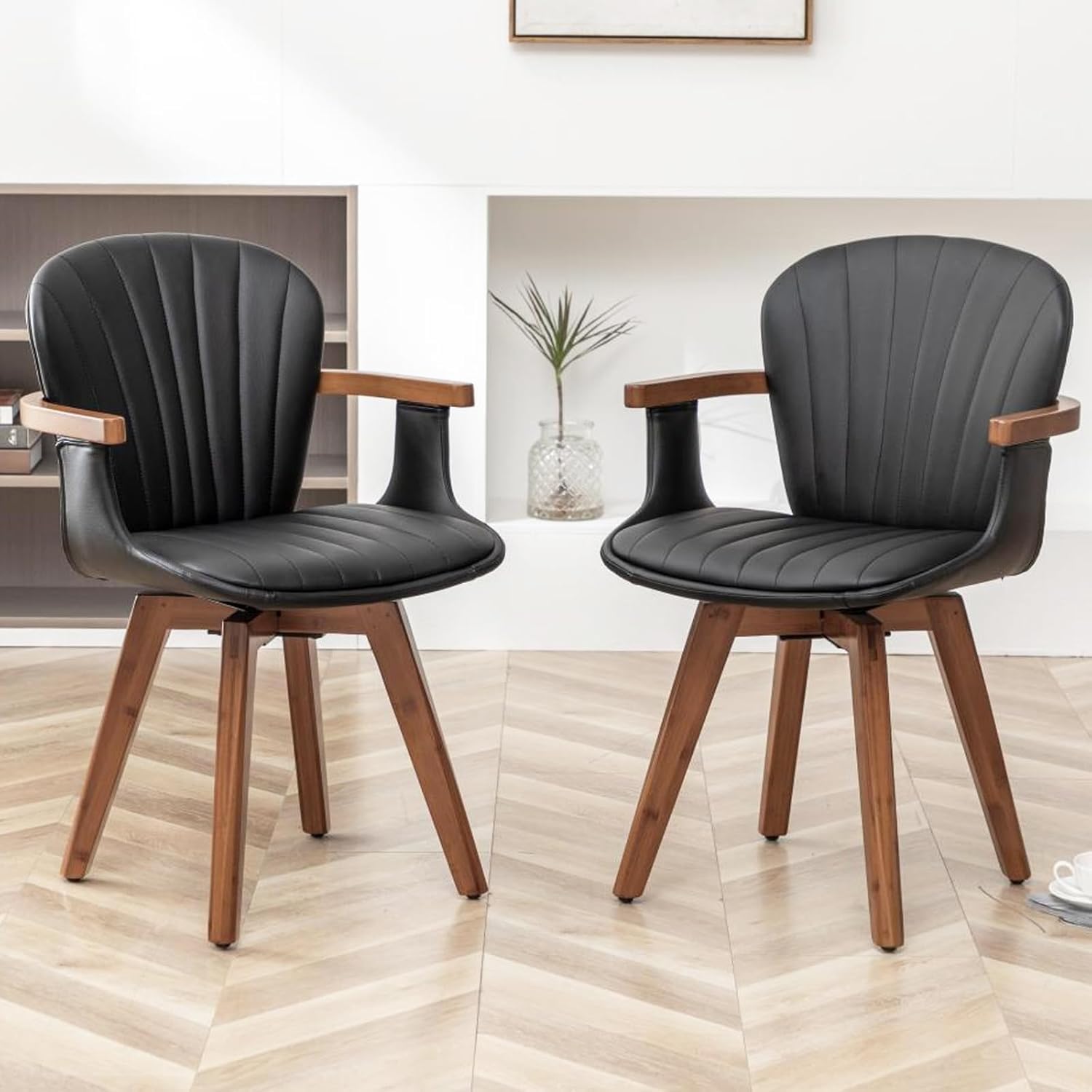 LUNLING Swivel Dining Chairs, Mid Century Modern Black Faux Leather Kitchen Chairs with Arms,Bamboo Legs Side Chairs No Wheels,Accent Chair for Dining Rooms and Offices,1PCS