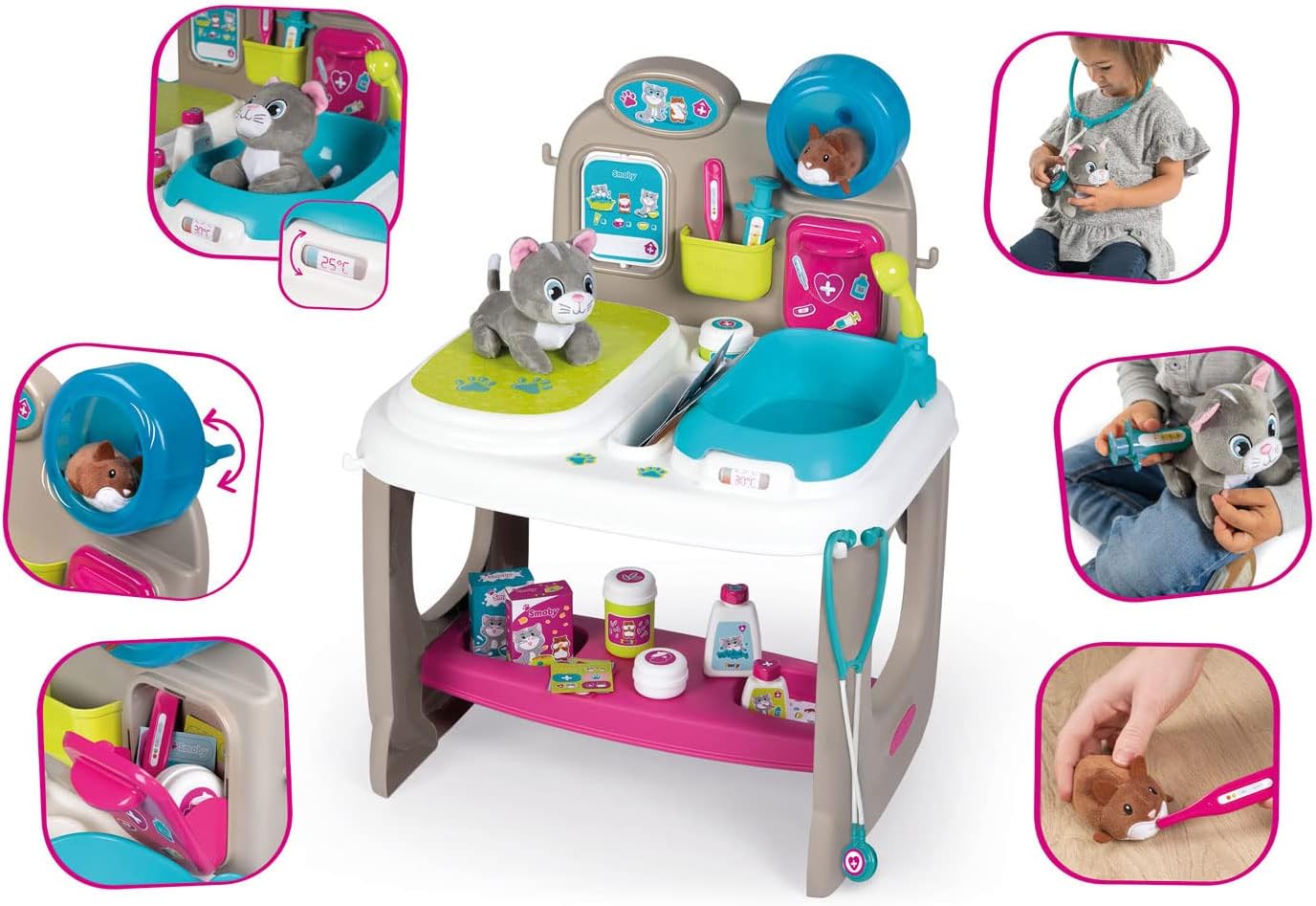 Smoby Veterinary Center with multiple inset images showing children interacting with the toy, including using the stethoscope, syringe, and bathing the plush cat.