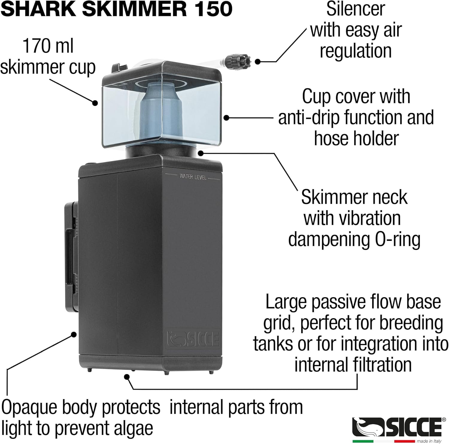 Sicce Shark Nano Protein Skimmer 150 up to 40 Gallon Saltwater Aquariums | Ultra Quiet Pump, Adjustable, Compact, Small Aquarium Marine Reef Tank