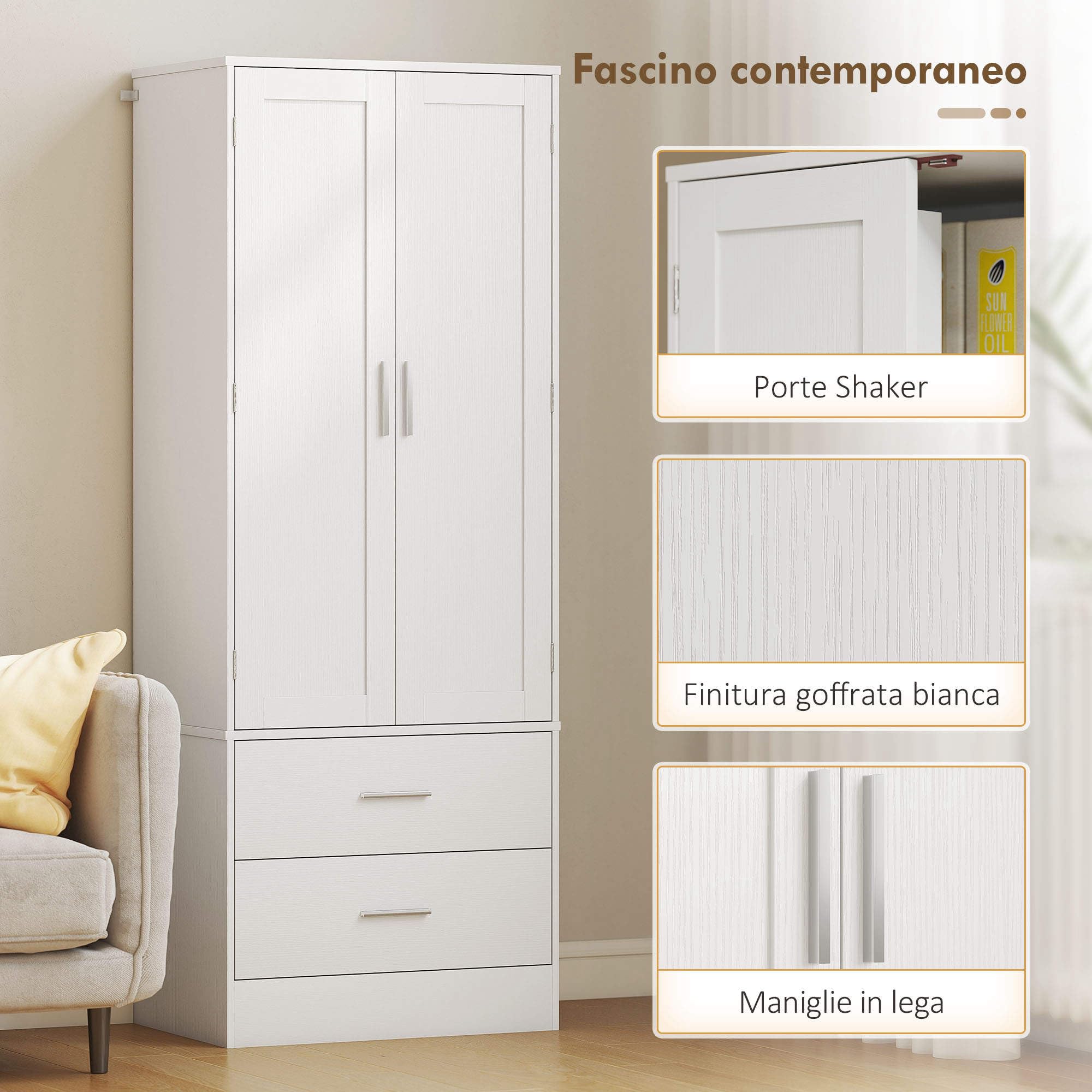 HOMCOM Credenza Cucina Alta 159 cm, Mobile Cucina con 8 Portaspezie sulla Porta, 2 Ante e 2 Cassetti, Mobile Dispensa Moderno con Ripiani Regolabili, per Sala da Pranzo, Soggiorno, Bianco