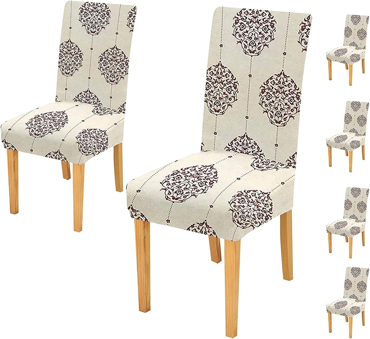 StyleysPolyester Printed Washable Elastic Dining Chair Cover Slipcovers (Set of 6 Cream Brocade, SD132)