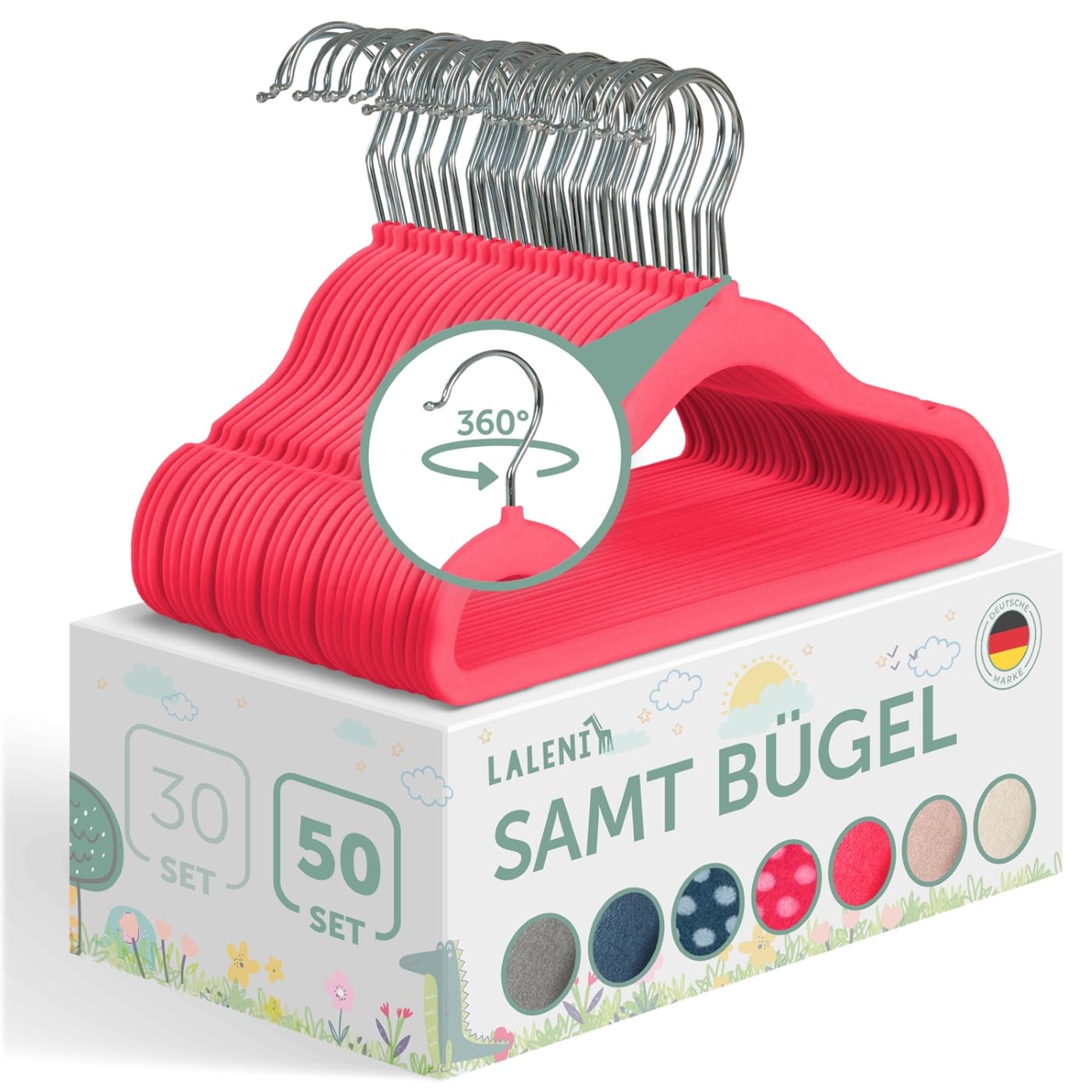 Laleni Kinderkleiderbügel 50 Stück mit Samtbezug - platzsparende Kleiderbügel Kinder - 360° drehbare Kinder Kleiderbügel - rutschfeste Kinderkleiderbügel samt - Samtkleiderbügel - Kinderbügel Pink