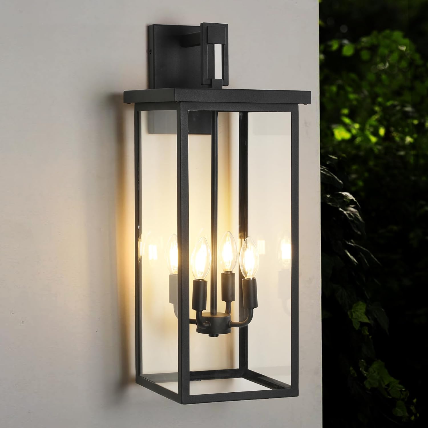 Outdoor Wall Light Fixture, Black Iron, 25.6H x 11.2W x 9.8D inches, 4-Light Candelabra Sconce, Weather Resistant