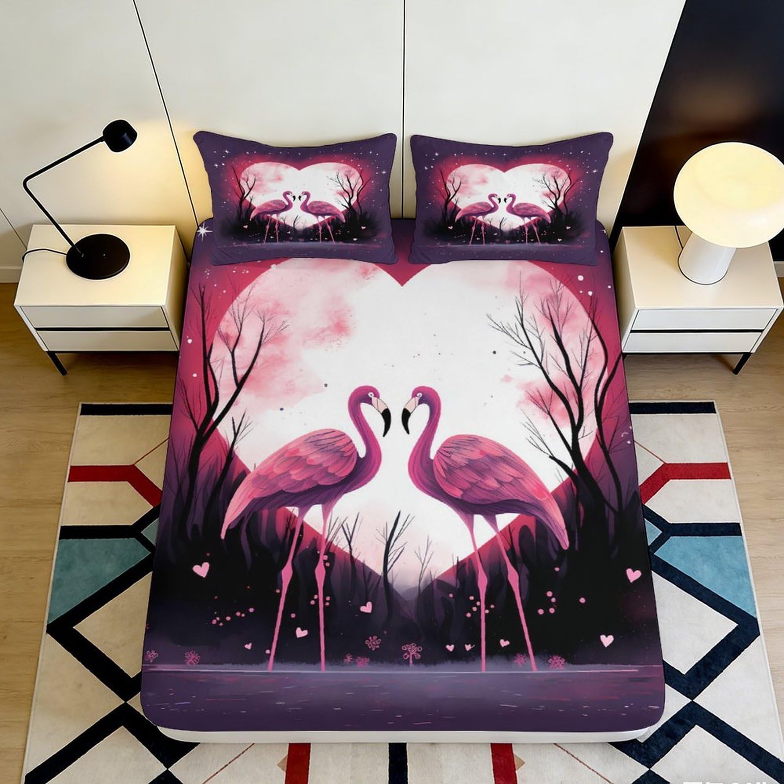 3D Printed Flamingo Heart Fitted Sheet Microfiber Soft Breathable Romantic Bed Cover for Bedroom Dormitory Guest Room Mattress Protection Decor 160x200x25cm