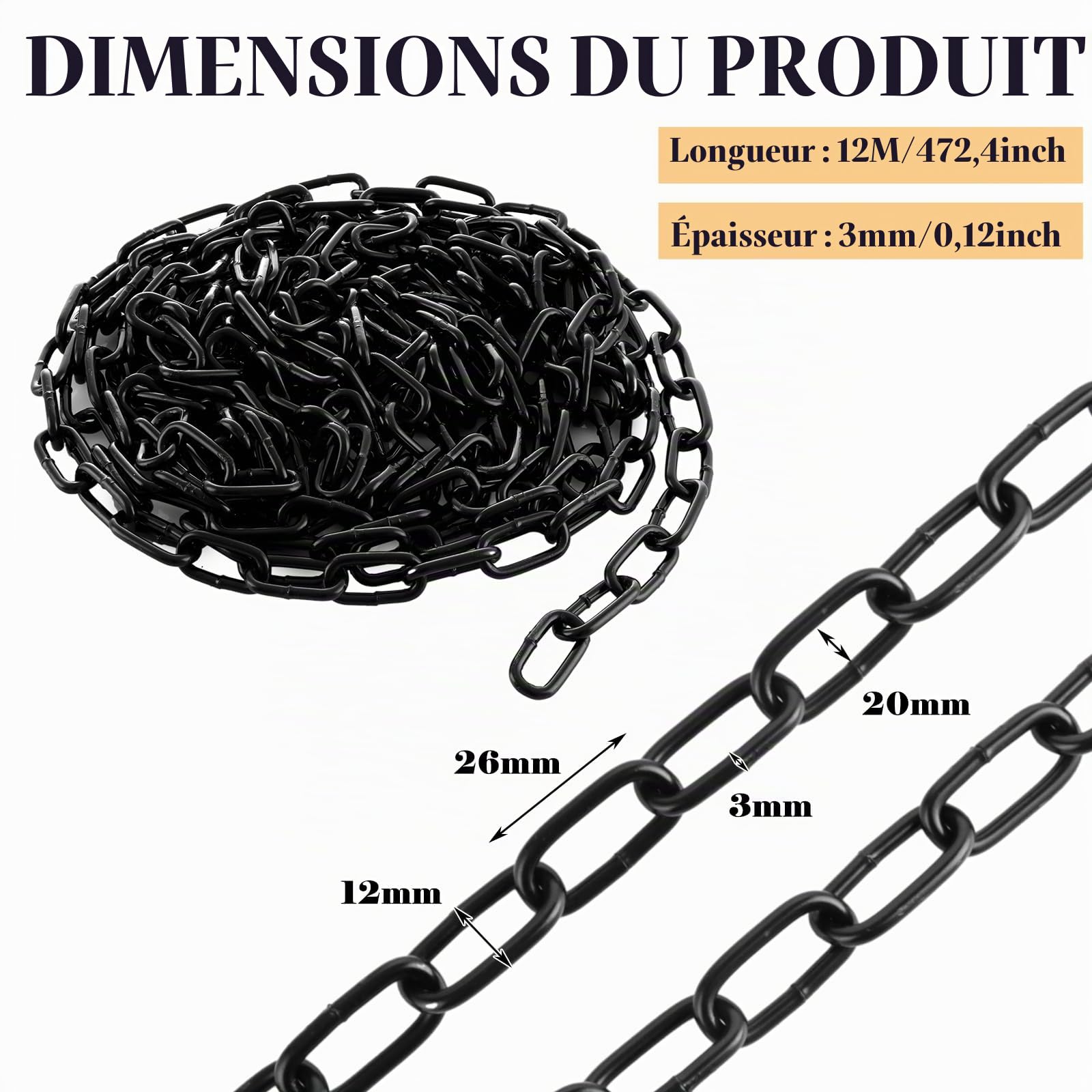 Chaine Acier 12 m x 3 mm - Noir - Chainette Metal Pour Clôtures Suspendues, Chaînes de Guidage pour Chiens, Balançoires, Chaînes de Séchage