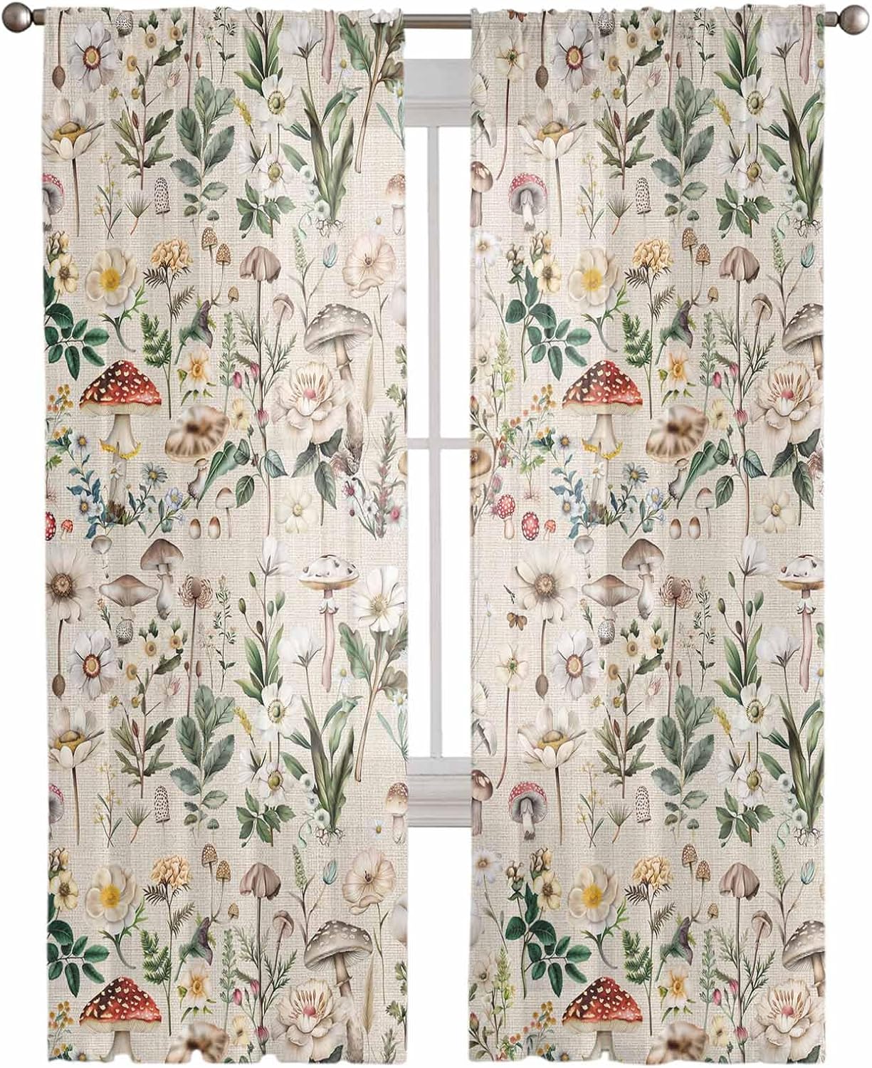 Pastoral Botanical Sheer Curtains 72 Inches Length 2 Panels Set Bedroom Curtain Drapes, Vintage Mushroom Spring Summer Flowers Semi Curtain Sheers for Living Room/Cafe Voile Window Treatment