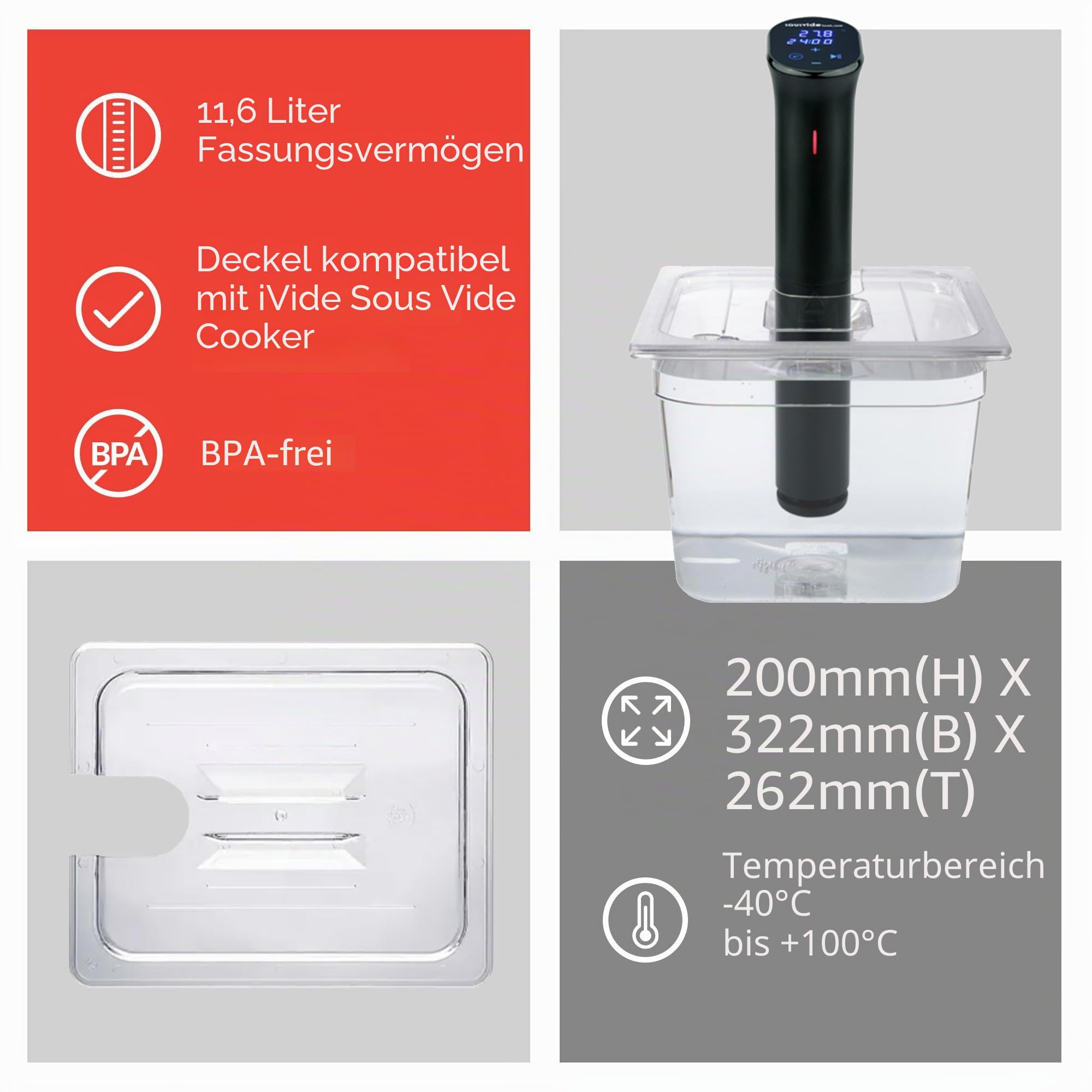 SousVideTools Container aus Polycarbonat, 11,6 l, mit Deckel passend für den iVide 2.0 Sous-Vide-Stick, durchsichtig, zum Garen, frei von BPA, nicht-haftend und spülmaschinengeeignet, SVT-PS11GN-IVIDE