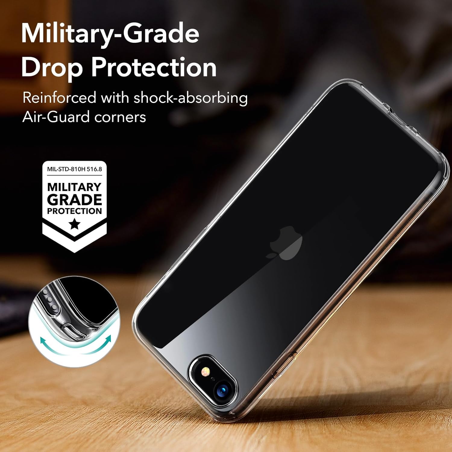 Close-up of an iPhone in the clear case, showing reinforced Air-Guard corners for military-grade drop protection.
