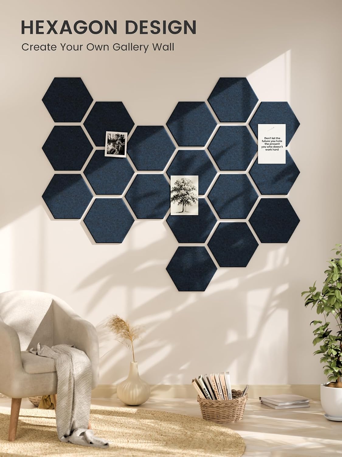 Fluxynara Hexagon Cork Board Alternative for Walls Decor-8-Pack Felt Bulletin Board Tiles,with 30 Pushpins,50 Adhesive Tabs for Office,Classrooms & Home Pin Board Felt Board-Carbon Blue
