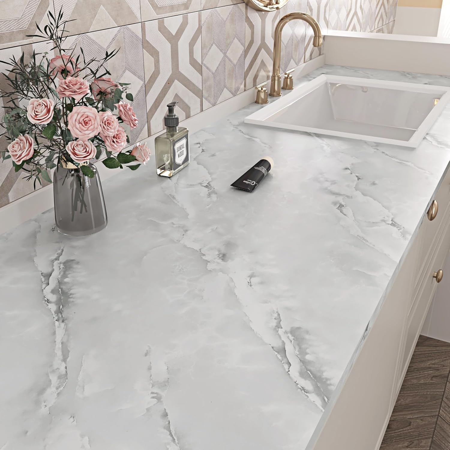 Grey White Marble Contact Paper Peel and Stick Countertops 15.7"x78.8" Glossy Waterproof Marble Wallpaper for Kitchen Cabinets Removable Contact Paper for Backsplash Counter Tops Cover Vinyl