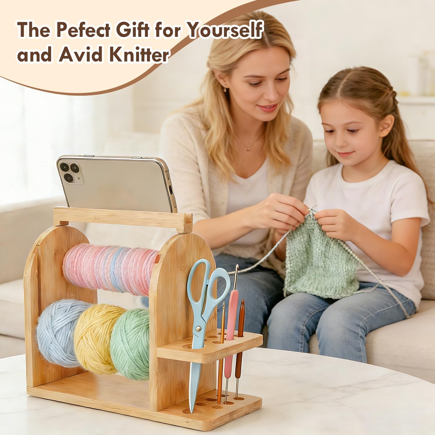Durable Wooden Yarn Holder for Crocheting and Knitting with Built-in Phone Stand Crochet Kits for Beginners Yarn Storage Accessories Organizer Gifts for Crocheters with Dual Rods and Tool Holder