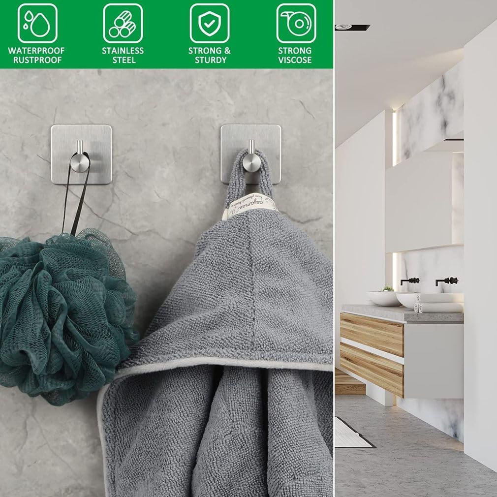 Self Adhesive Towel Holder, 2 Pack Sticky Hook for Wall, Brushed Stainless Steel, Door Hooks for Bathroom, Kitchen, Tea Towels