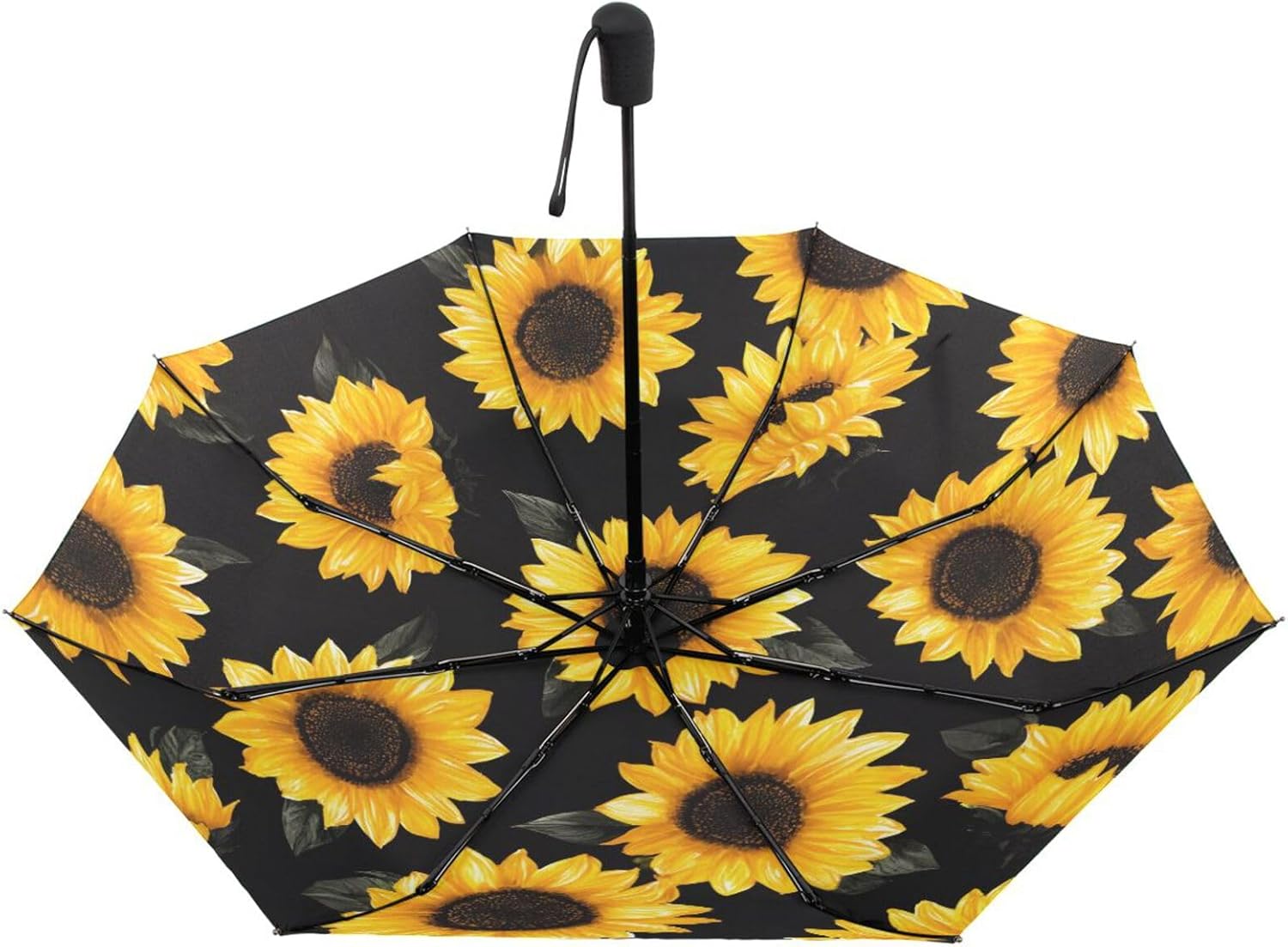 Black Sunflower Travel Umbrella Floral Totes Auto Open Close Windproof Compact Folding Reverse Umbrella Portable for Girls Women