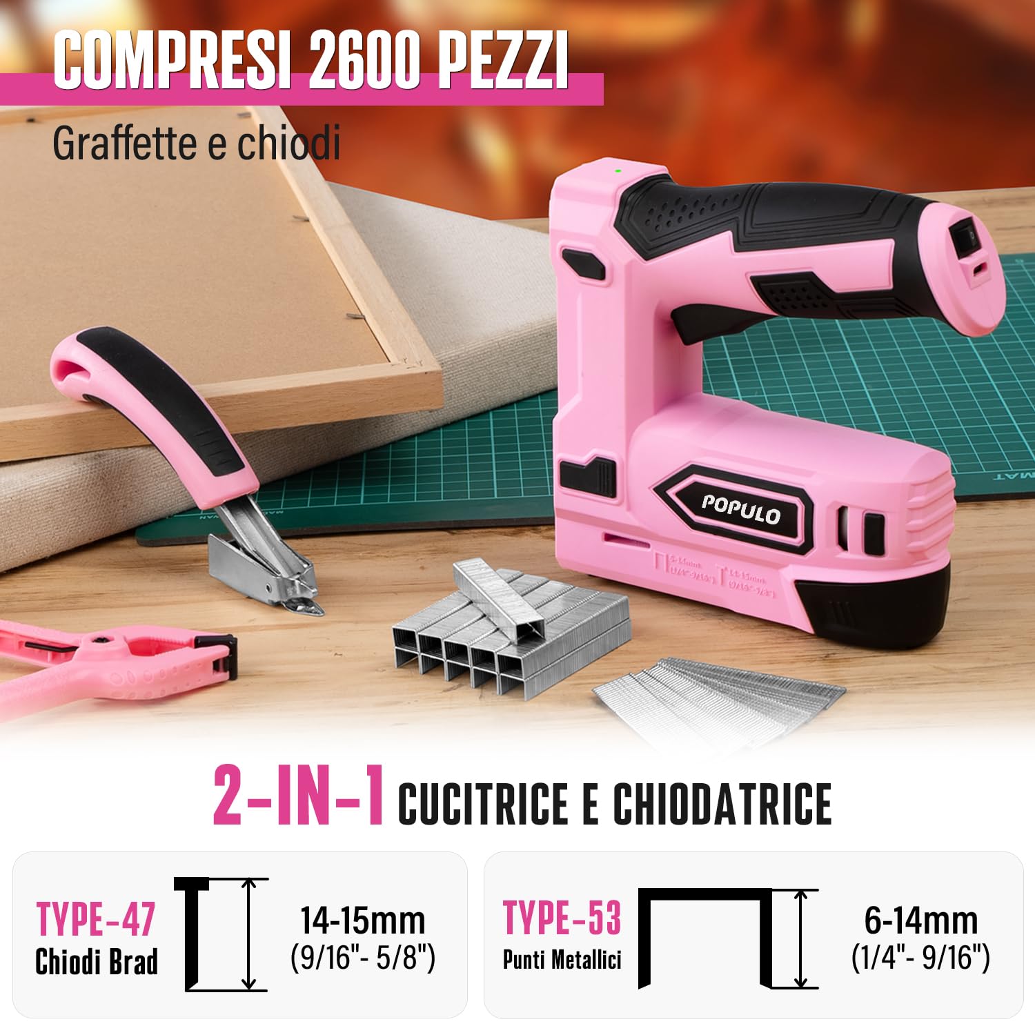 POPULO Pinzatrice elettrica 2 in 1, kit di chiodatrice elettrica senza fili, 4 V, a batteria, per tappezzeria, falegnameria, fai da te, con clip, levapunti, 1600 graffette e chiodi, rosa