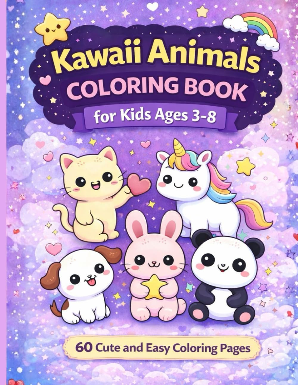 Kawaii Animals: Coloring Book for Kids Ages 3–8: 60 Cute and Easy Coloring Pages