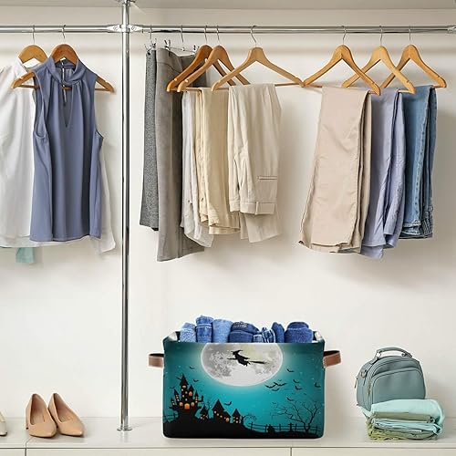 Miniatura 5 de AUUXVA Cesta de almacenamiento de Halloween, bruja, luna, castillo, caja de almacenamiento, caja de almacenamiento de lona duradera plegable para