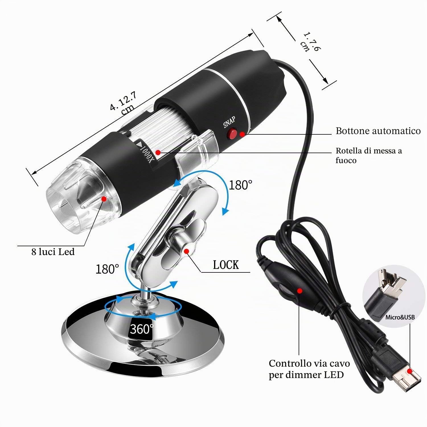 Jiusion 40 a 1000 x ingrandimento USB microscopio digitale endoscopio, 8 LED USB 2.0, mini videocamera con adattatore OTG e metallo supporto, compatibile con Mac e Windows 7 8 10 11 Android Linux