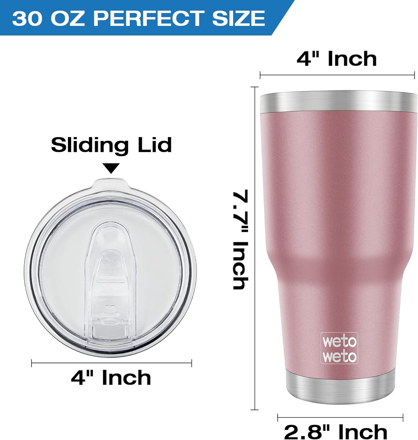 WETOWETO 30oz Tumbler, Stainless Steel Vacuum Insulated Water Coffee Tumbler Cup, Double Wall Powder Coated Spill-Proof Travel Mug Thermal Cup for Home Outdoor (Rose Gold, 1 Pack) - Image 3