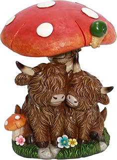 Alpine Corporation WJY132HH Highland Cow Under Mushroom Statuary - 6" Indoor and Outdoor Fairy Garden Accent Statue for Patio, Lawn, Shelf, and Home Décor Display