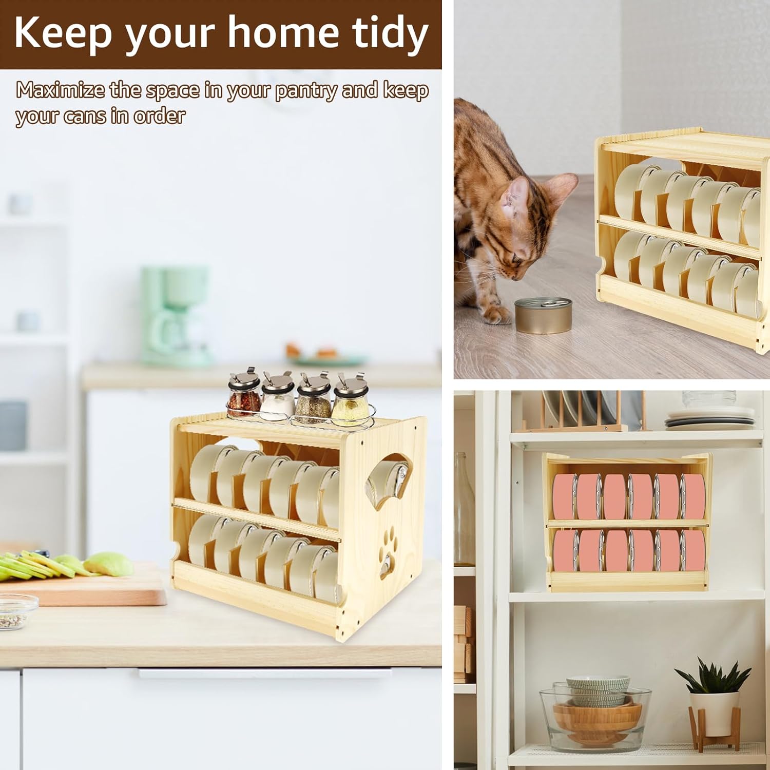Cat Food Can Organizer, Wet Kitten Edible Canister Holder Storage Rack Container, Bamboo Canned Cat Food Dispenser, 2 Floors Stackable Pet Eats Can Organizer for Pantry, Holds 36 (3oz) Cans(Log color)