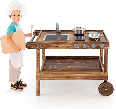GLACER Mud Kitchen with Wheels, Wooden Mud Table w/Removable Sink & Rotatabel Faucet, Storage Shelf, 4 Stoves, Pan & Pot, Toy Kitchen for Backyard Garden, Outdoor Play Kitchen, Gift for Toddlers 3+