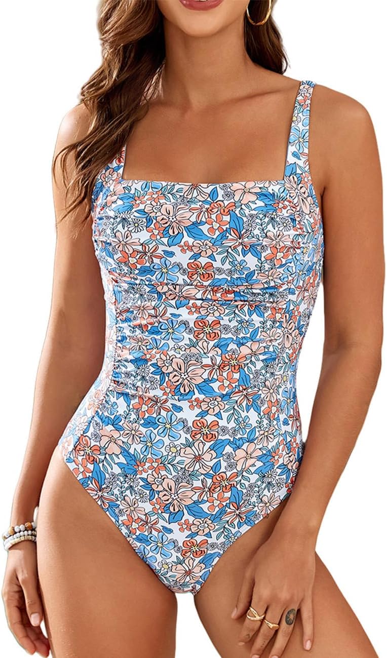 YIMISAN Women's One Piece Swimsuit Square Neck Sporty Ruched Slimming Monokini High Cut Tummy Control Bathing Suit