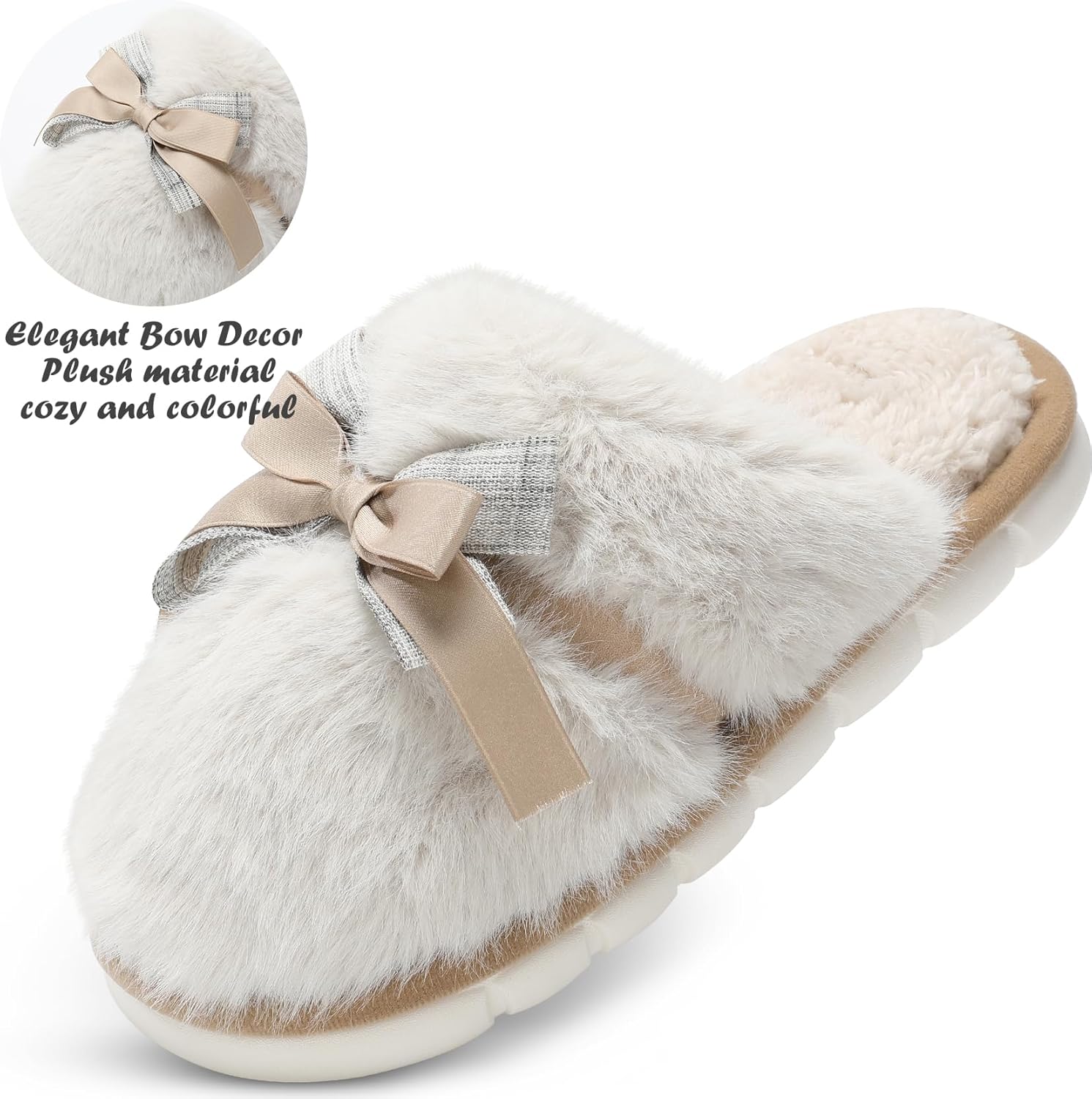 Cute Women's Memory Foam House Slippers - Fuzzy Plush Faux Fur Slippers with Bow Butterfly Tie - Anti-Skid Indoor/Outdoor Gifts for Women, Moms & Ladies - Image 4