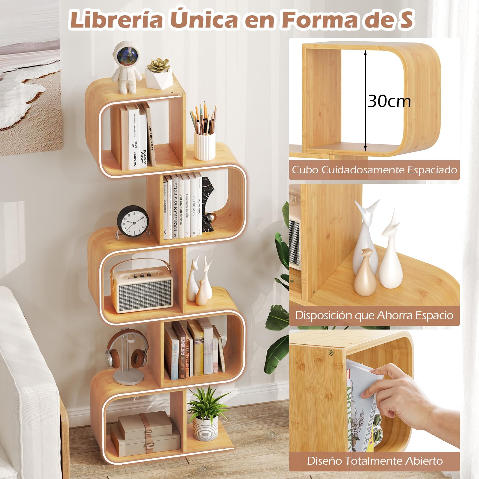COSTWAY Libreria en Forma de S, Estantería de Bambú con 5 Cubos Abiertos, Geométrico para Esquina, Estanteria para Libros Decorativo Salon Dormitorio Oficina, 61 x 23 x 166 cm, Natural