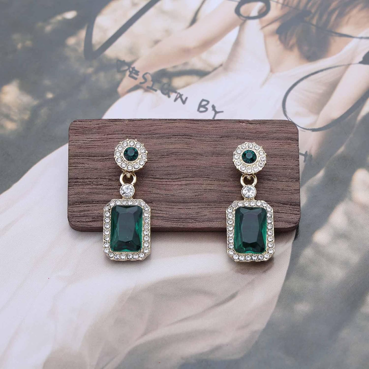 Emerald Dangle Earrings Gold Crystal Square Drop Earrings Green Crystal Emerald Earrings Earrings Sparkle Round CZ Stud Earrings Emerald Wedding Earrings - Image 4