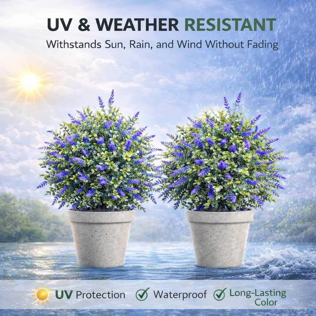 2 Pcs 23.5 Inch Artificial Lavender Plant Topiary Ball Trees with Ground Spike, Artificial Plants Indoor - Suitable for Indoor and Outdoor Gardens, Patios, Front Porches and More(Purple)