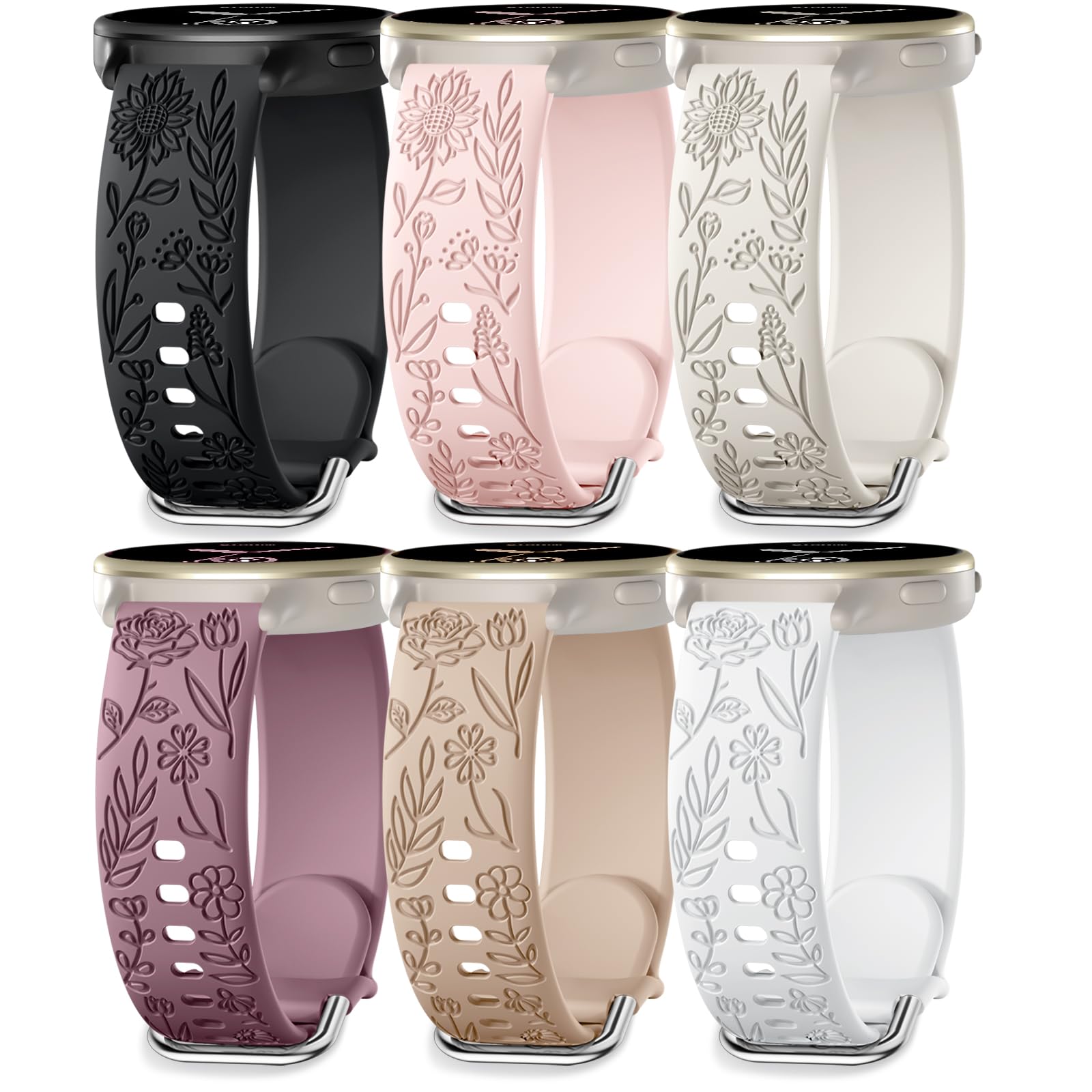 SNBLK 6 Pack Flower Engraved Compatible with Garmin Vivoactive 5 Watch Bands/Vivoactive6/3 Women, 20mm Quick Release Soft Siliconce Floral Replacement Strap for Forerunner 165/55/245/Venu Sq 2/2 Plus