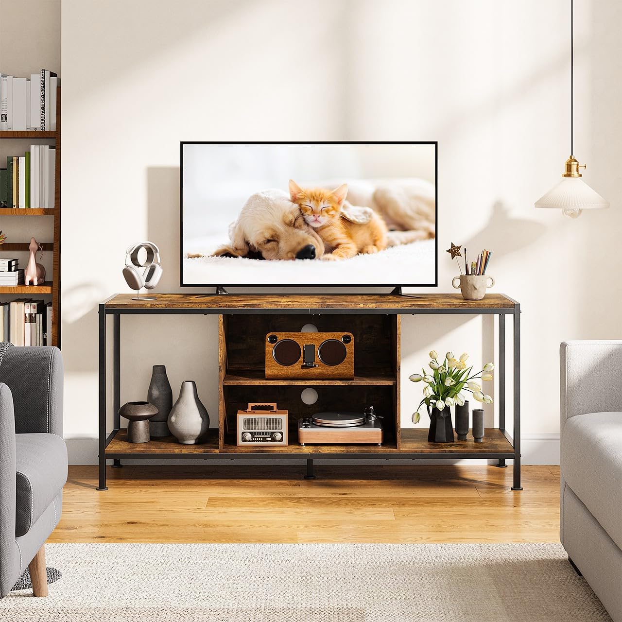 Gizoon TV Stand for TVs up to 65 Inch,Entertainment Center with Open Storage Shelves, TV Media Console Table for Living Room and Bedroom, Rustic Brown