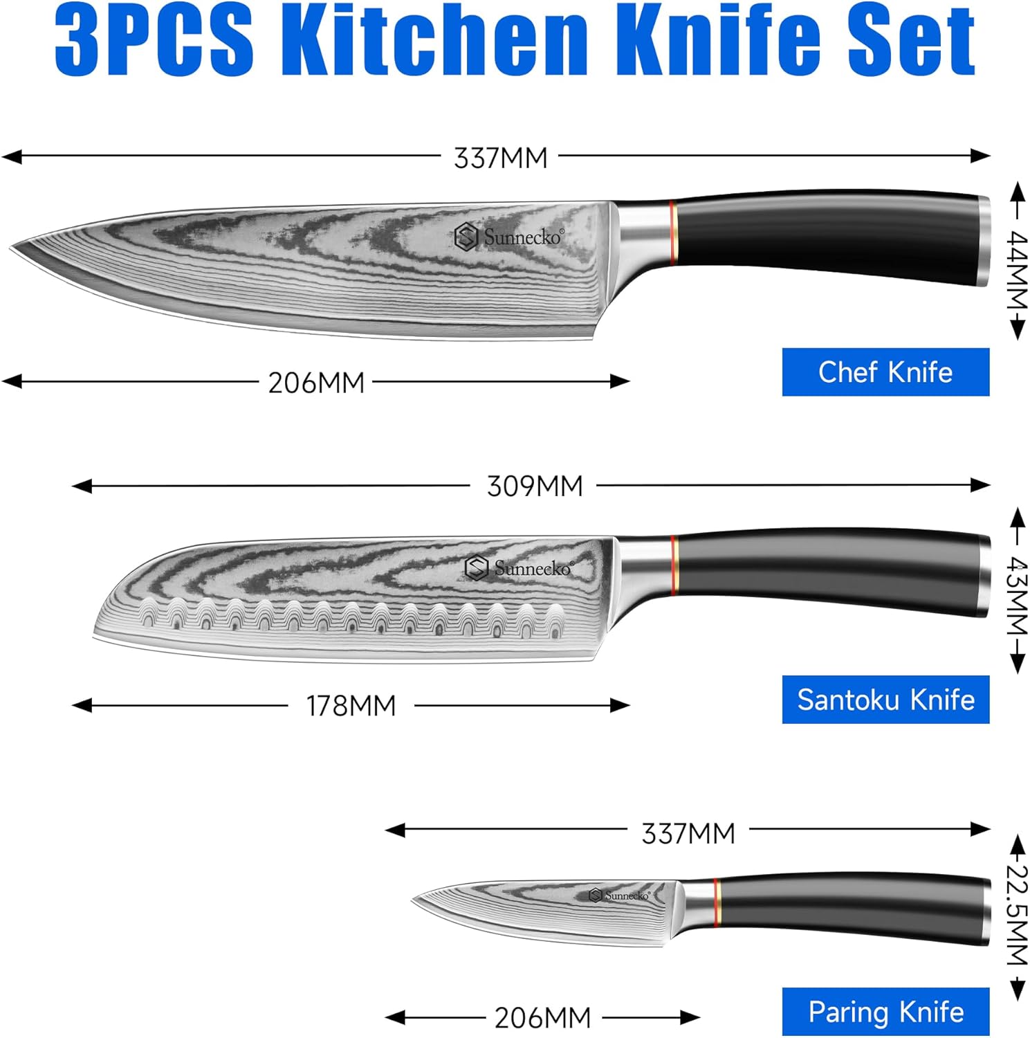 Sunnecko Damascus Knives Set,Japanese VG10 Core Steel Damascus 3PCS Chef Knife Set,Professional Razor Sharp Kitchen Knives Set with Knife Sharpner - Image 3