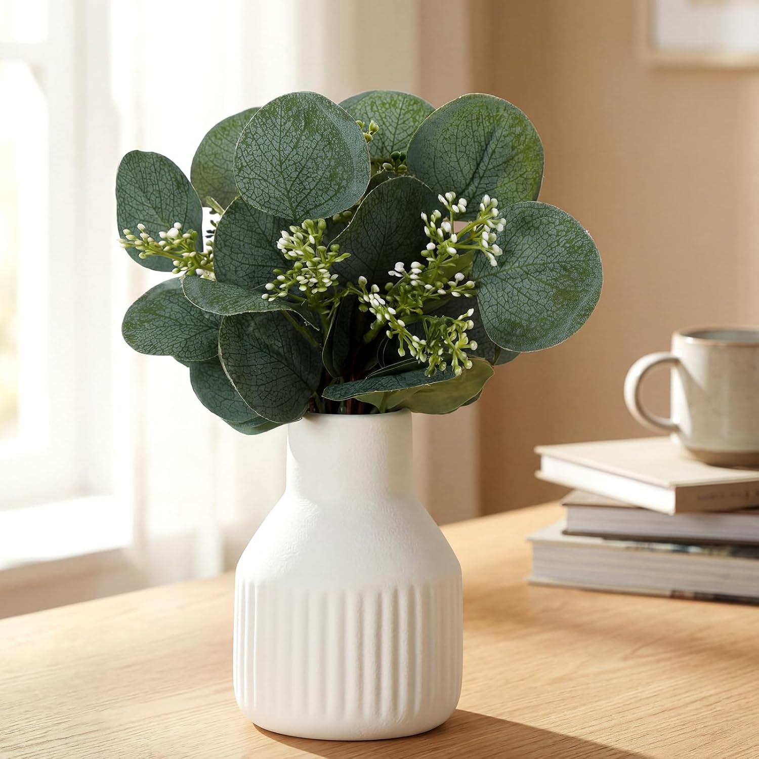 LemonRoad 2 Pack Artificial Eucalyptus Stem in Small Ceramic Vase 13" Fake Greenery Plants for Home Decor 20 Pcs Modern Indoor Fake Eucalyptus Stem for Table Centerpiece Living Room Bathroom