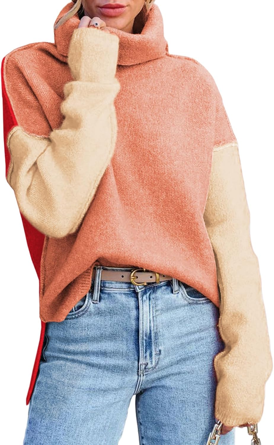 Dokotoo Womens Turtleneck Sweaters Casual Long Sleeve Color Block Side Slit Pullover Knit Jumper Tops