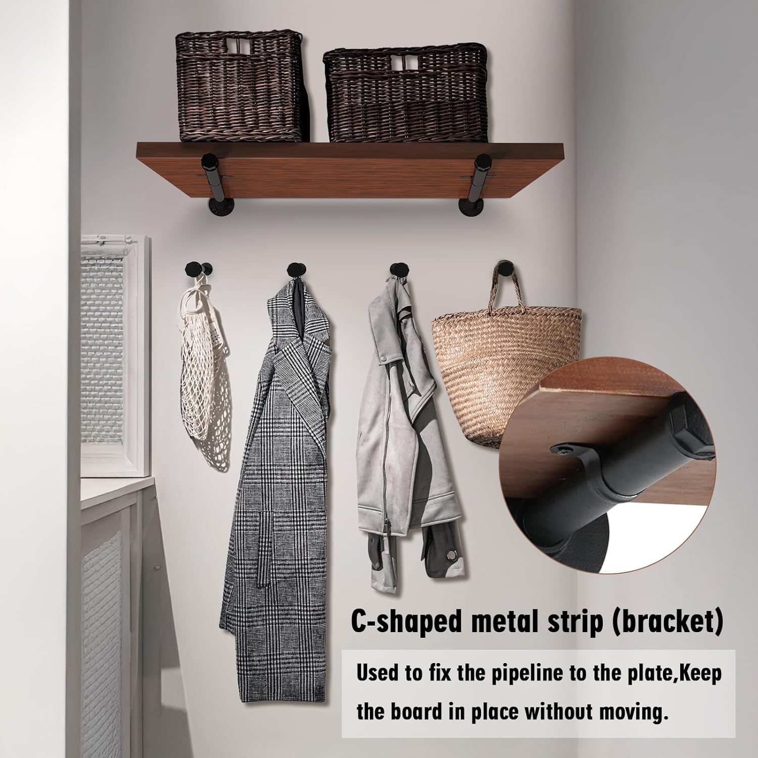 12" Industrial Pipe Shelf Brackets 6 Pack Iron Shelf Bracket Floating Iron Shelves Black Shelving Bracket Heavy Duty for Wood, Kitchen, Laundry Room, Home Decor Hanger Bedroom