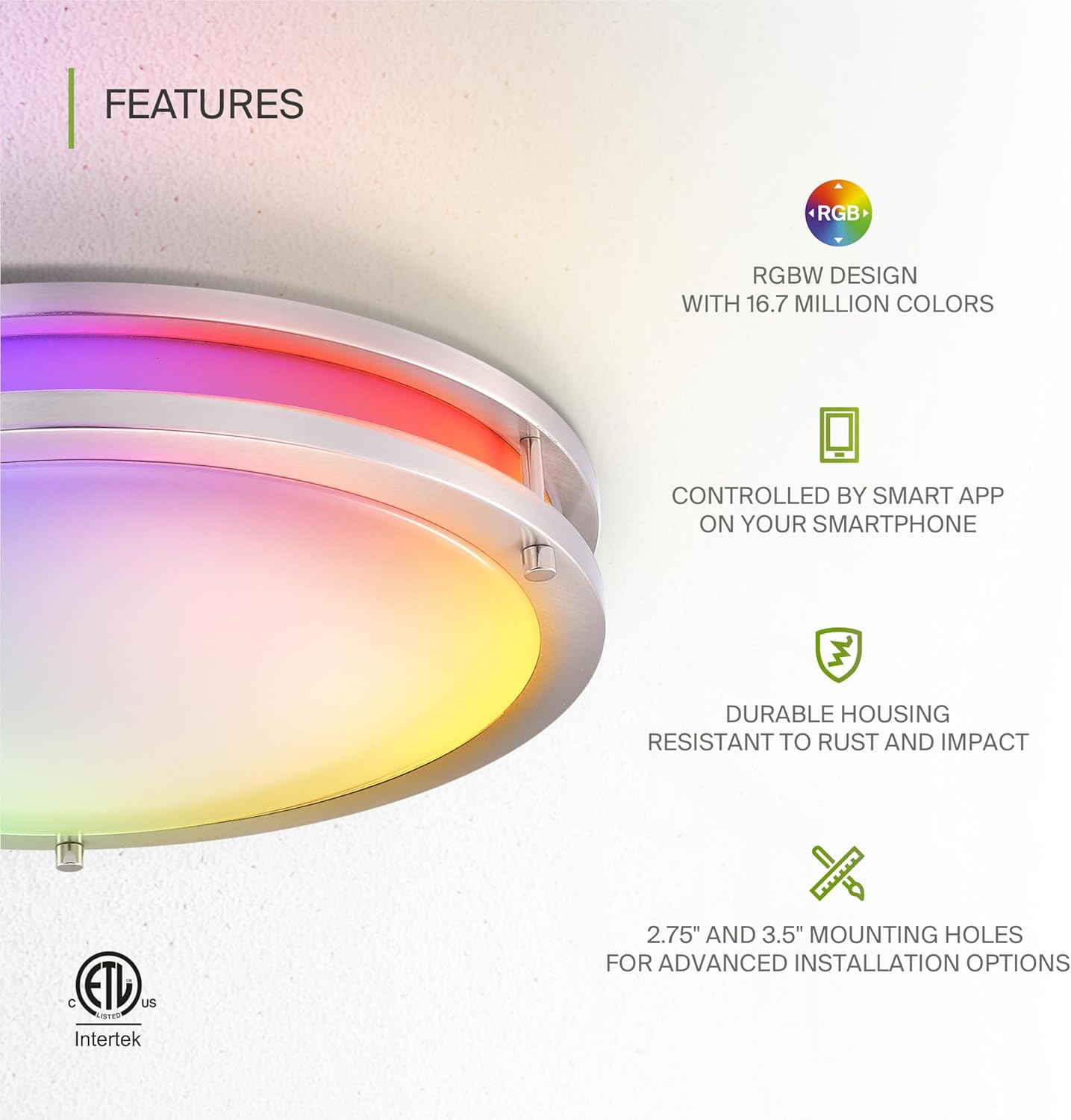 ASD LED 16" Round Flush Mount Lighting, Close to Ceiling Light Fixture | Smart, Multicolor, Dimmable, ETL Listed | 24W 1575LM RGB-2700-6500K 120V | Low Profile Double Ring Lamp | Nickel