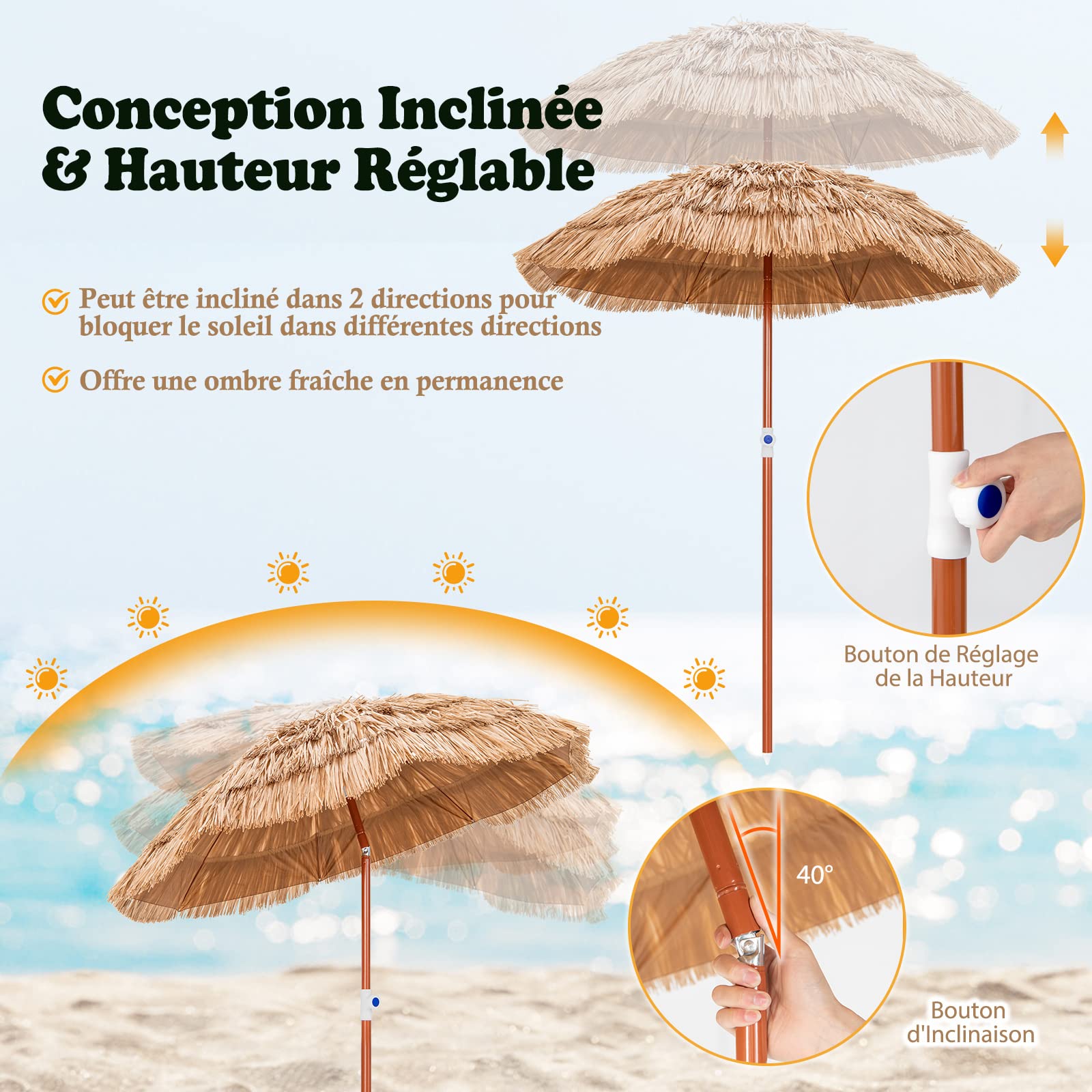 COSTWAY Parasol de Jardin Exterieur Φ175 cm, Inclinable et Hauteur Réglables 140-190 cm, Parasol Exotique Paille PP à 5 Couches, Sac de Transport, 8 Baleines, Style Hawaïen pour Jardin Plage Piscine