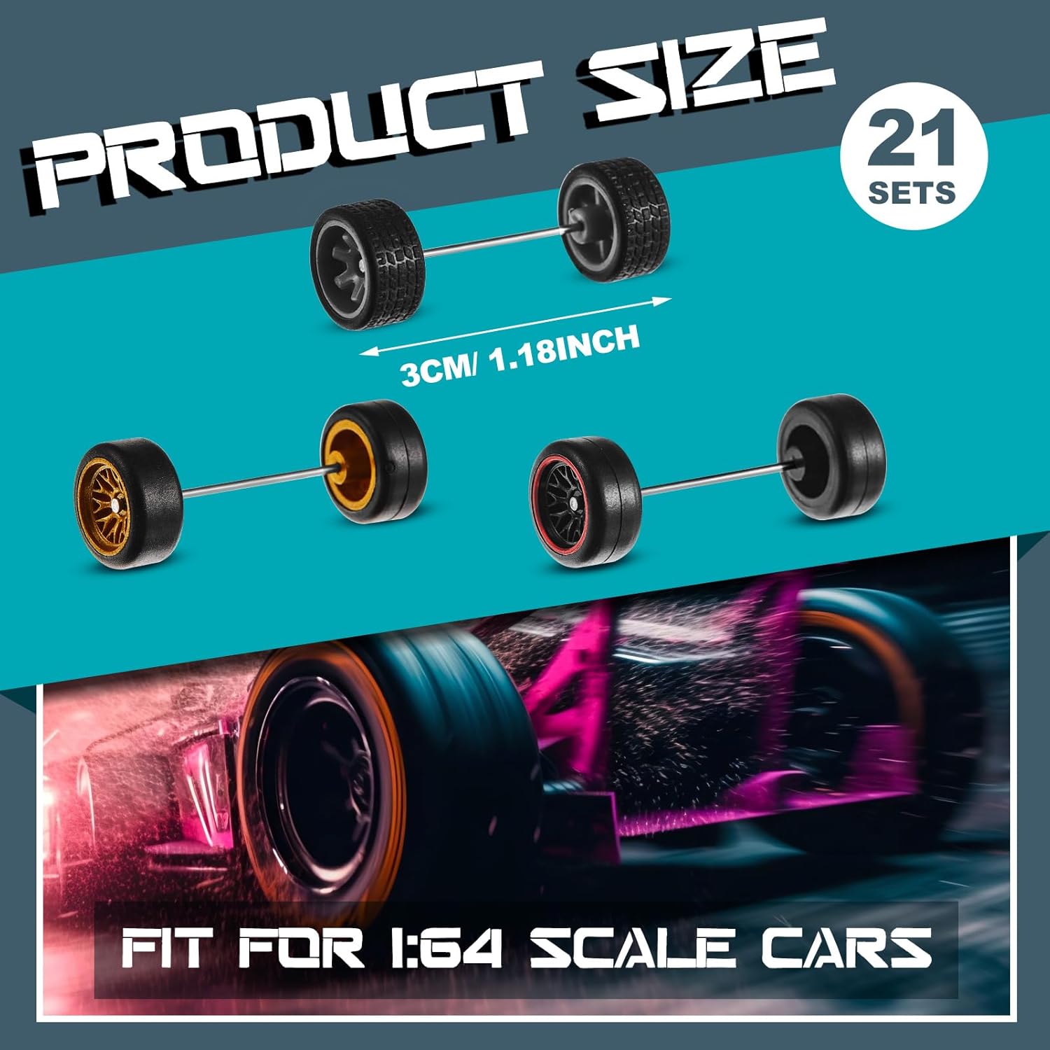 Poen 21 Sets 1/64 Scale Wheels Rubber Tires 1: 64 Model Car Replacement Diecast Wheels Custom Parts for Model Cars Rims Accessories, Mixed Styles (Fresh Color, Novel)